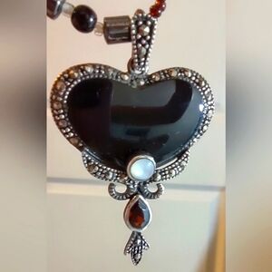 Vintage Sterling Onyx Pendant with Garnet Moonstone Marcasite Accents